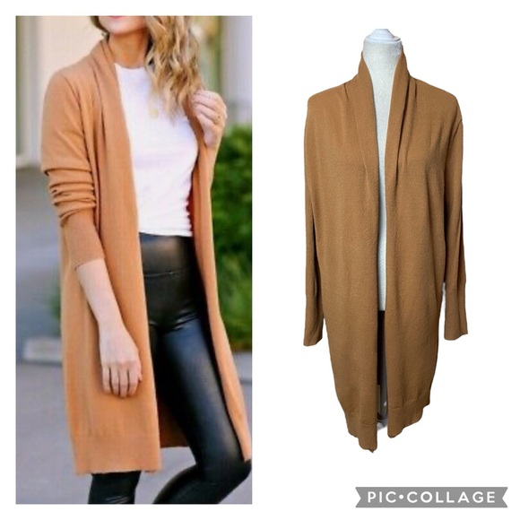 Leith Camel Caramel Tan Open Front Long Classic Sweater Cardigan Size Medium - Picture 1 of 9
